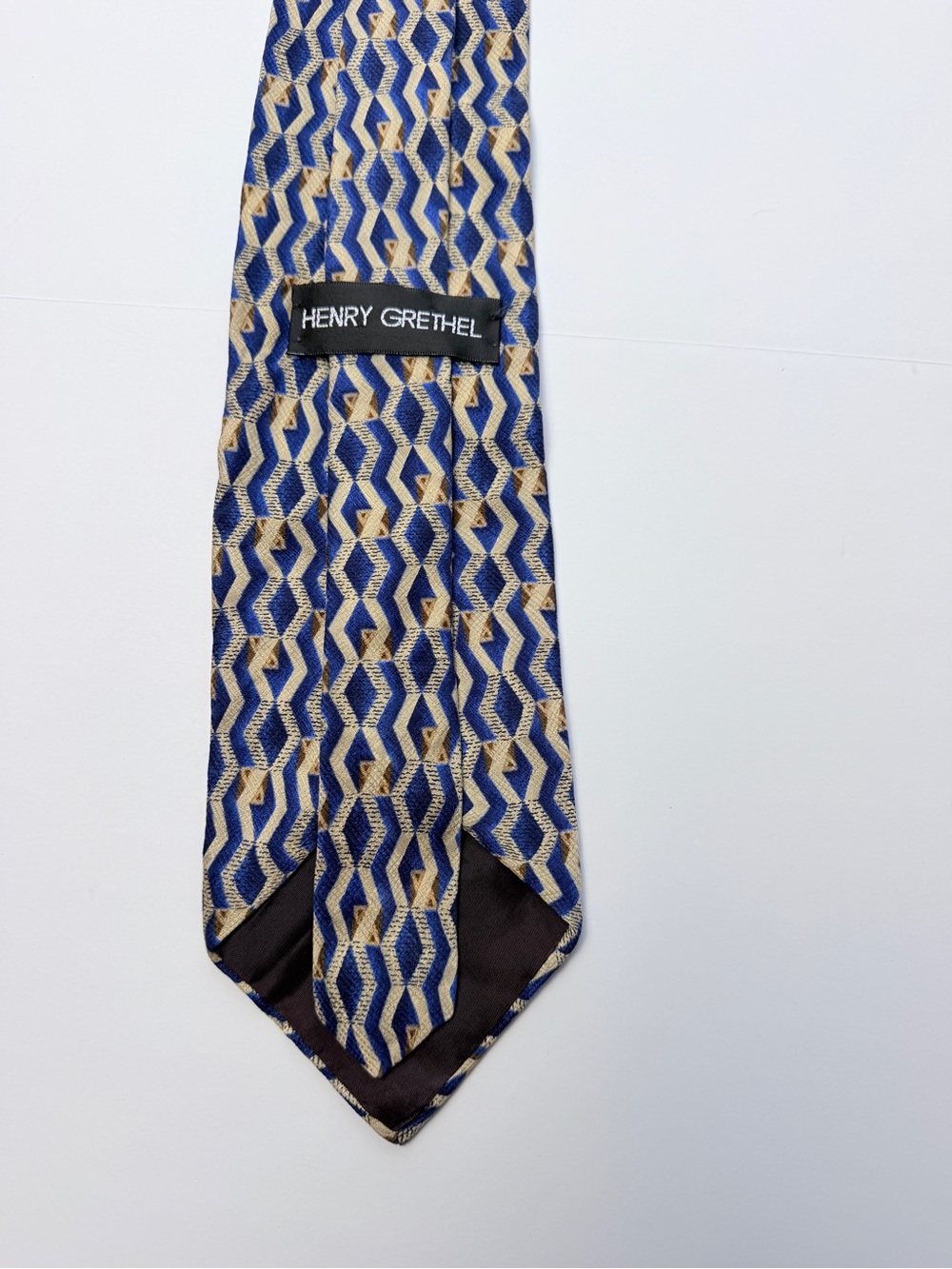 Henry Grethel Blue Gold Geometric Abstract Silk Necktie Mens Designer Tie